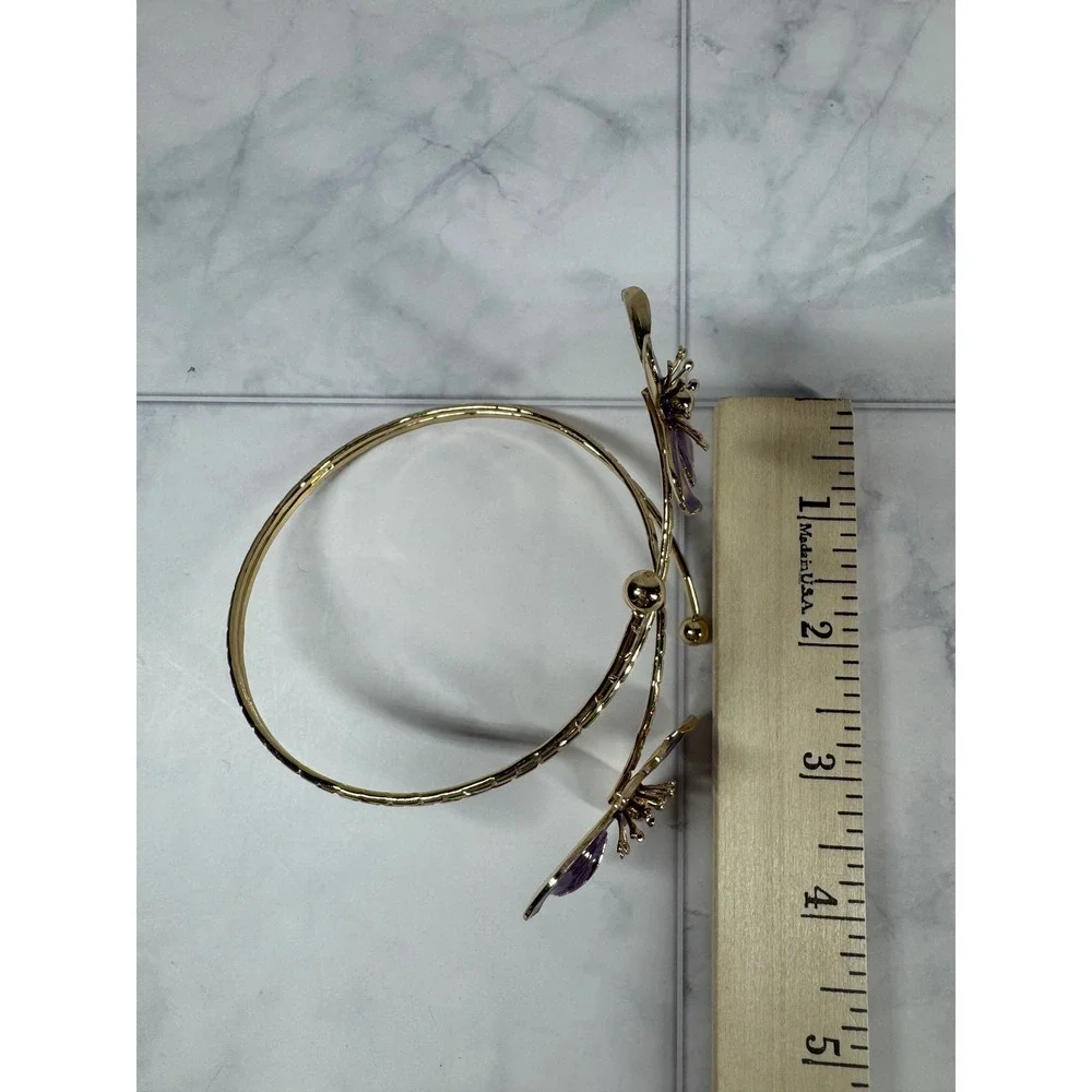 Purple Enamel Floral Double-Ended Gold Tone Arm Cuff Bangle For Women New